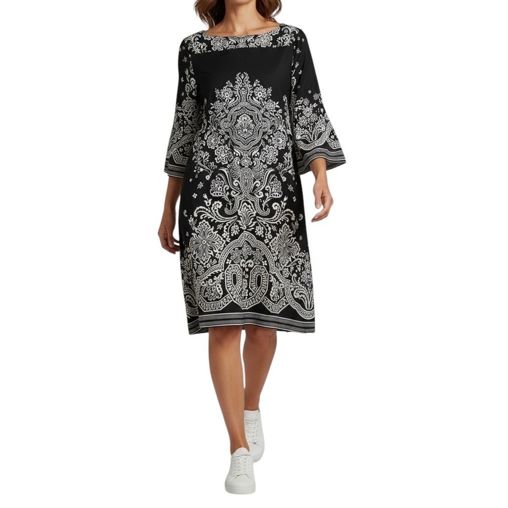 MT Collection‎ Black White Paisley Medallion Bell Sleeve Shift Dress Womens M